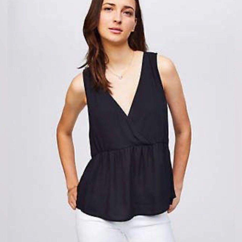 Loft black faux wrap peplum mixed media top size medium